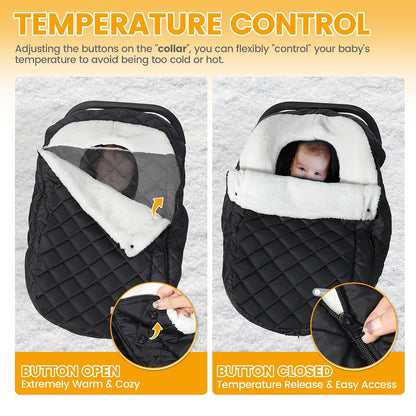 Winter Car Seat Cover for Baby Boys & Girls, Waterproof, Black | Warm Winter Carseat Cover with Removable Zipper, Universal Fit, Keeps Babies Warm and Cozy in Cold Weather