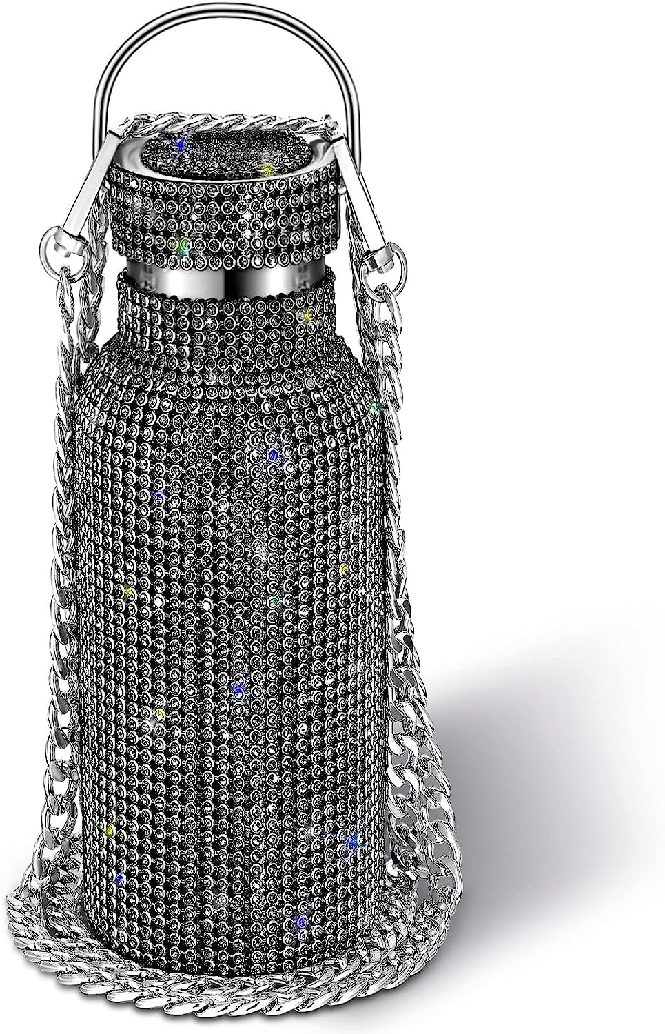 Diamond Water Bottle Bling Rhinestone Stainless Steel Thermal Bottle Refillable Insulated Glitter Water Jug with Chain for Women Girls Gifts(500 Ml,Silver)