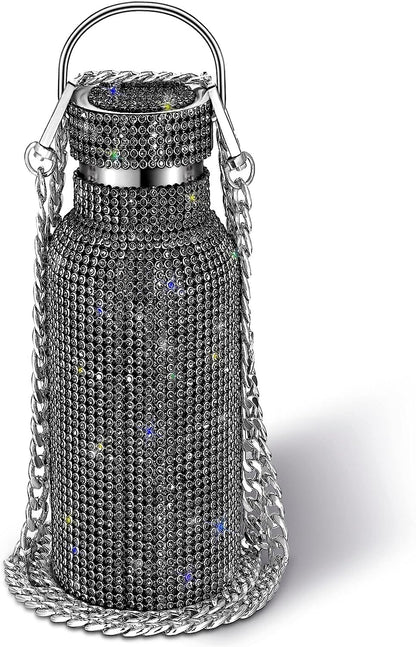 Diamond Water Bottle Bling Rhinestone Stainless Steel Thermal Bottle Refillable Insulated Glitter Water Jug with Chain for Women Girls Gifts(500 Ml,Silver)