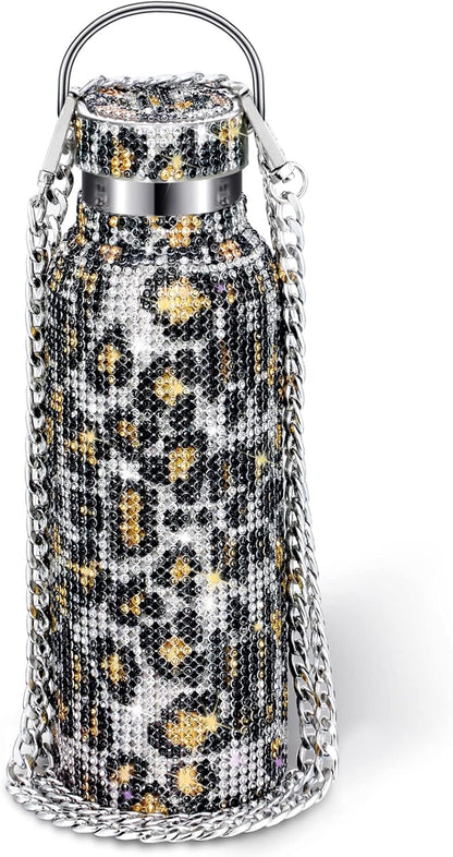 Diamond Water Bottle Bling Rhinestone Stainless Steel Thermal Bottle Refillable Insulated Glitter Water Jug with Chain for Women Girls Gifts(500 Ml,Silver)