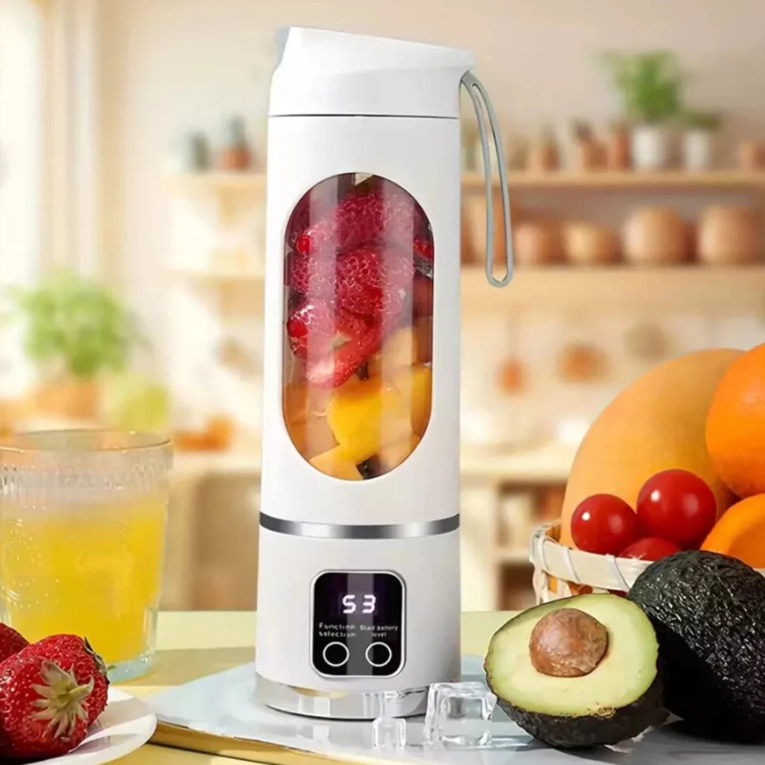 Portable USB Juicer Cup with fruits inside, perfect for smoothies and travel.