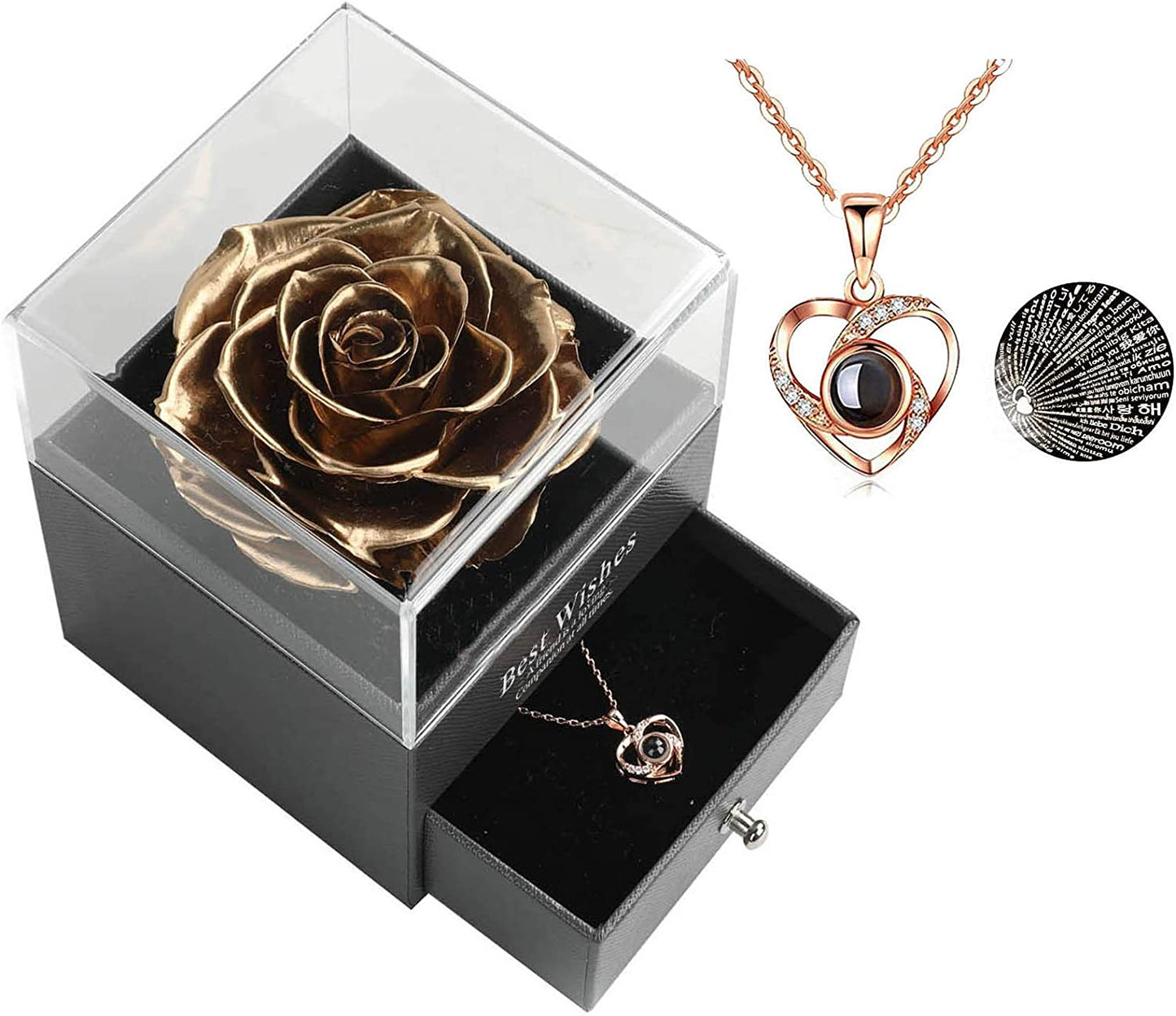 Preserved Real Rose Drawer with Heart Necklace I Love You in 100 Languages Gift Set, Handmade Enchanted Real Rose Flower for Valentine’S Day Anniversary Birthday Romantic Gifts for Her (Wine)