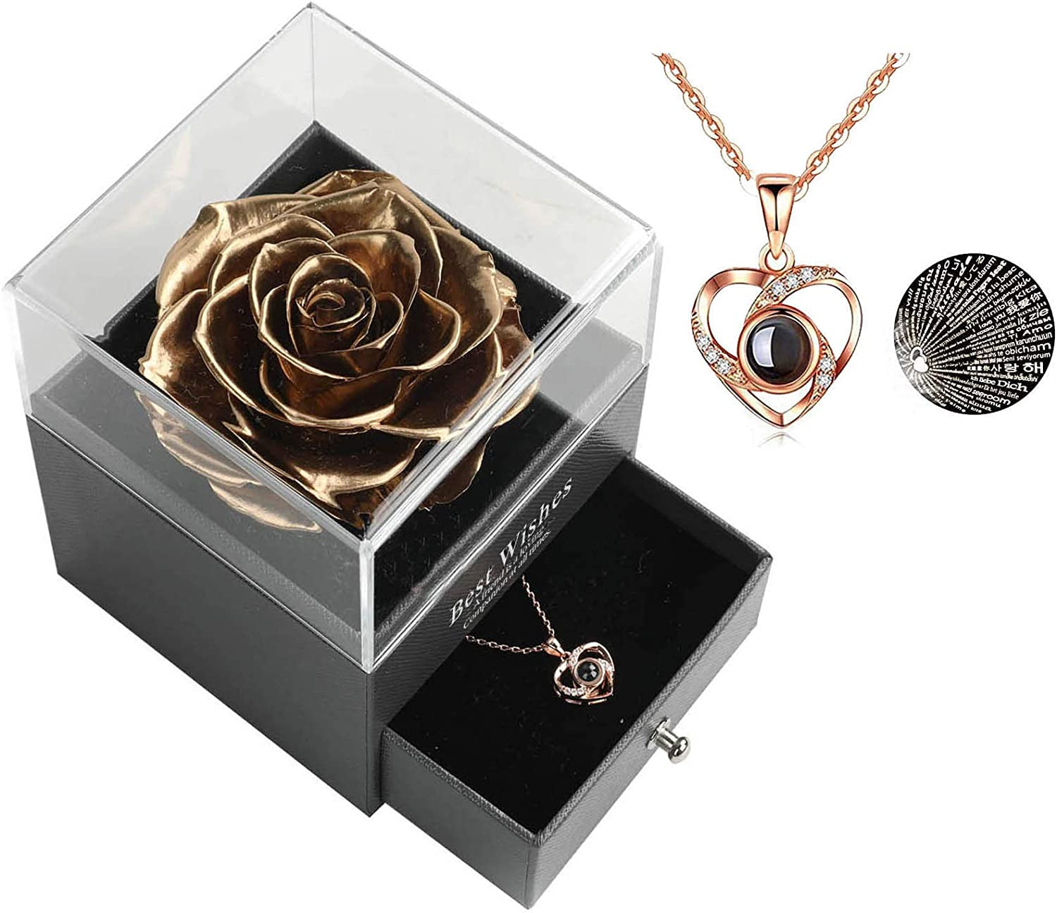 Preserved Real Rose Drawer with Heart Necklace I Love You in 100 Languages Gift Set, Handmade Enchanted Real Rose Flower for Valentine’S Day Anniversary Birthday Romantic Gifts for Her (Wine)