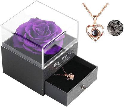 Preserved Real Rose Drawer with Heart Necklace I Love You in 100 Languages Gift Set, Handmade Enchanted Real Rose Flower for Valentine’S Day Anniversary Birthday Romantic Gifts for Her (Wine)
