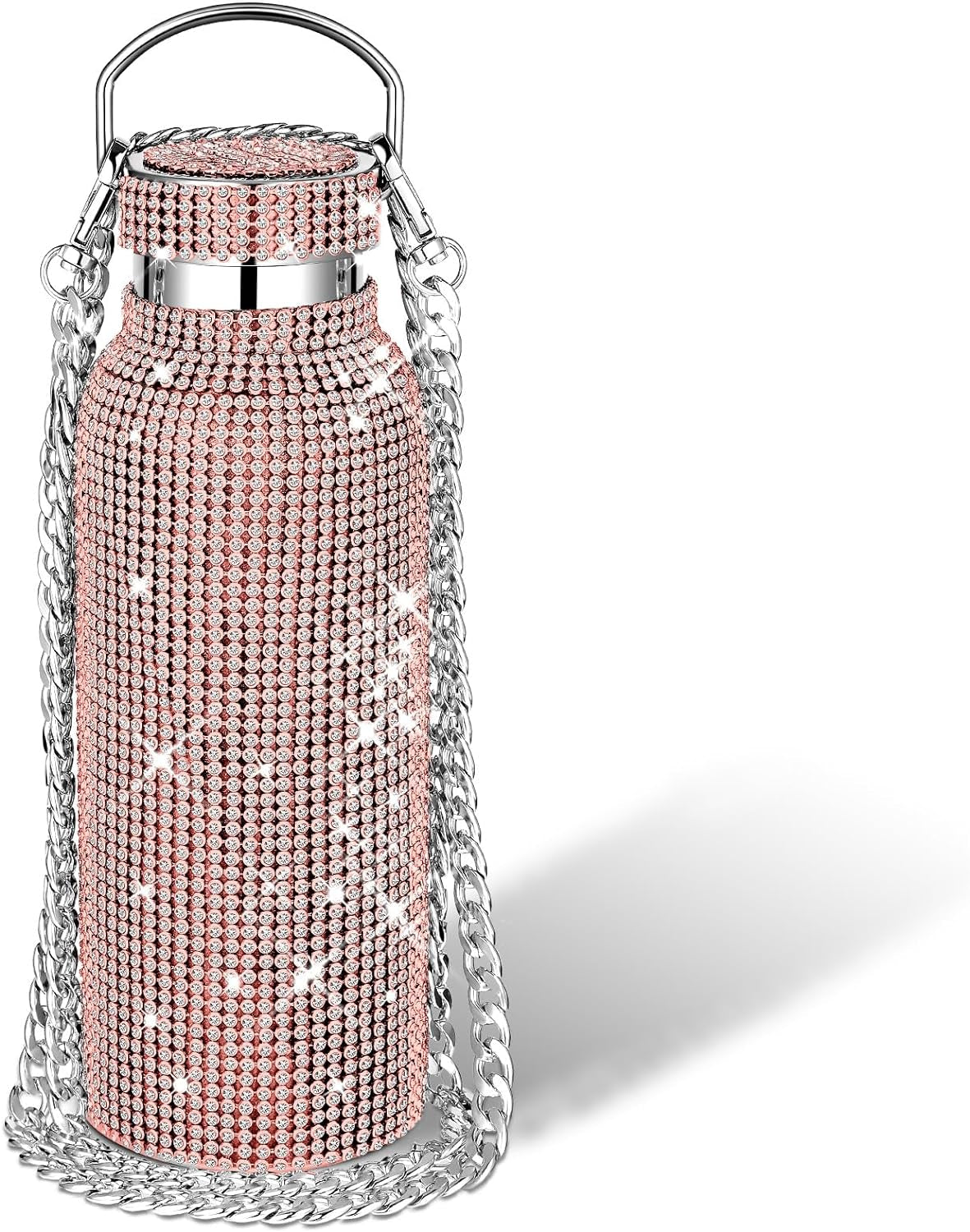 Diamond Water Bottle Bling Rhinestone Stainless Steel Thermal Bottle Refillable Insulated Glitter Water Jug with Chain for Women Girls Gifts(500 Ml,Silver)