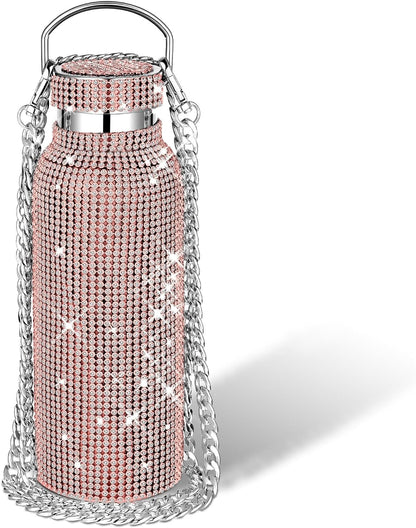 Diamond Water Bottle Bling Rhinestone Stainless Steel Thermal Bottle Refillable Insulated Glitter Water Jug with Chain for Women Girls Gifts(500 Ml,Silver)