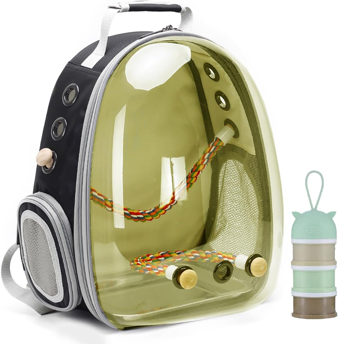 Bird Traval Carrier Cage, Clear Space Capsule Astronaut Backpack to Carry Parakeet Cockatiel Parrot with Metal Tray Bird Feeder Wood Perch, Vet Transport Bag
