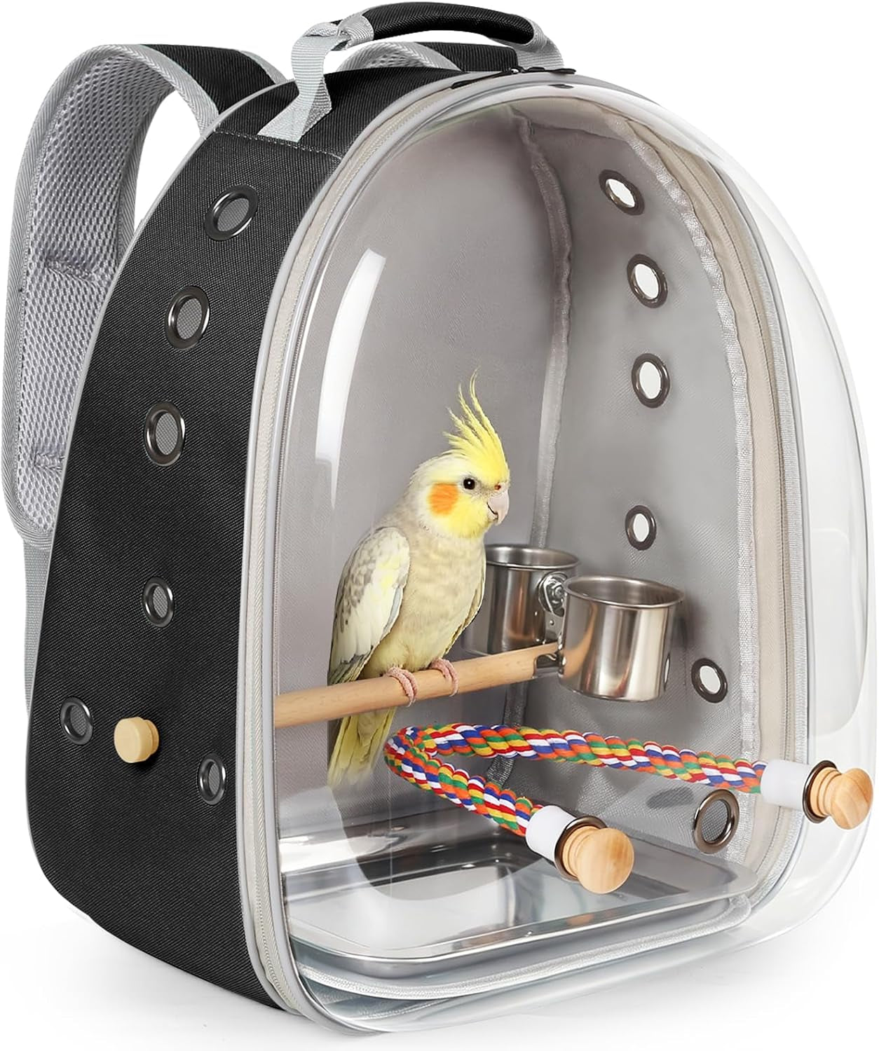 Bird Traval Carrier Cage, Clear Space Capsule Astronaut Backpack to Carry Parakeet Cockatiel Parrot with Metal Tray Bird Feeder Wood Perch, Vet Transport Bag