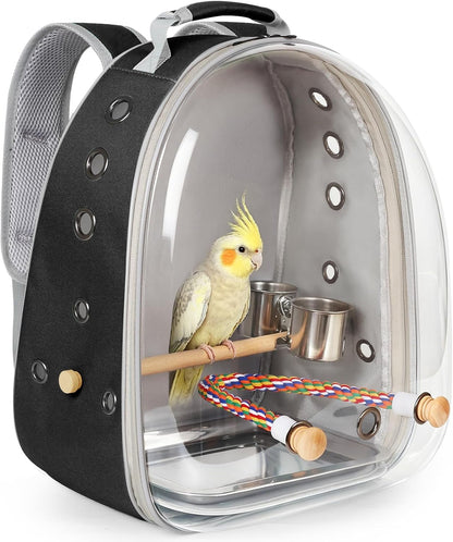 Bird Traval Carrier Cage, Clear Space Capsule Astronaut Backpack to Carry Parakeet Cockatiel Parrot with Metal Tray Bird Feeder Wood Perch, Vet Transport Bag