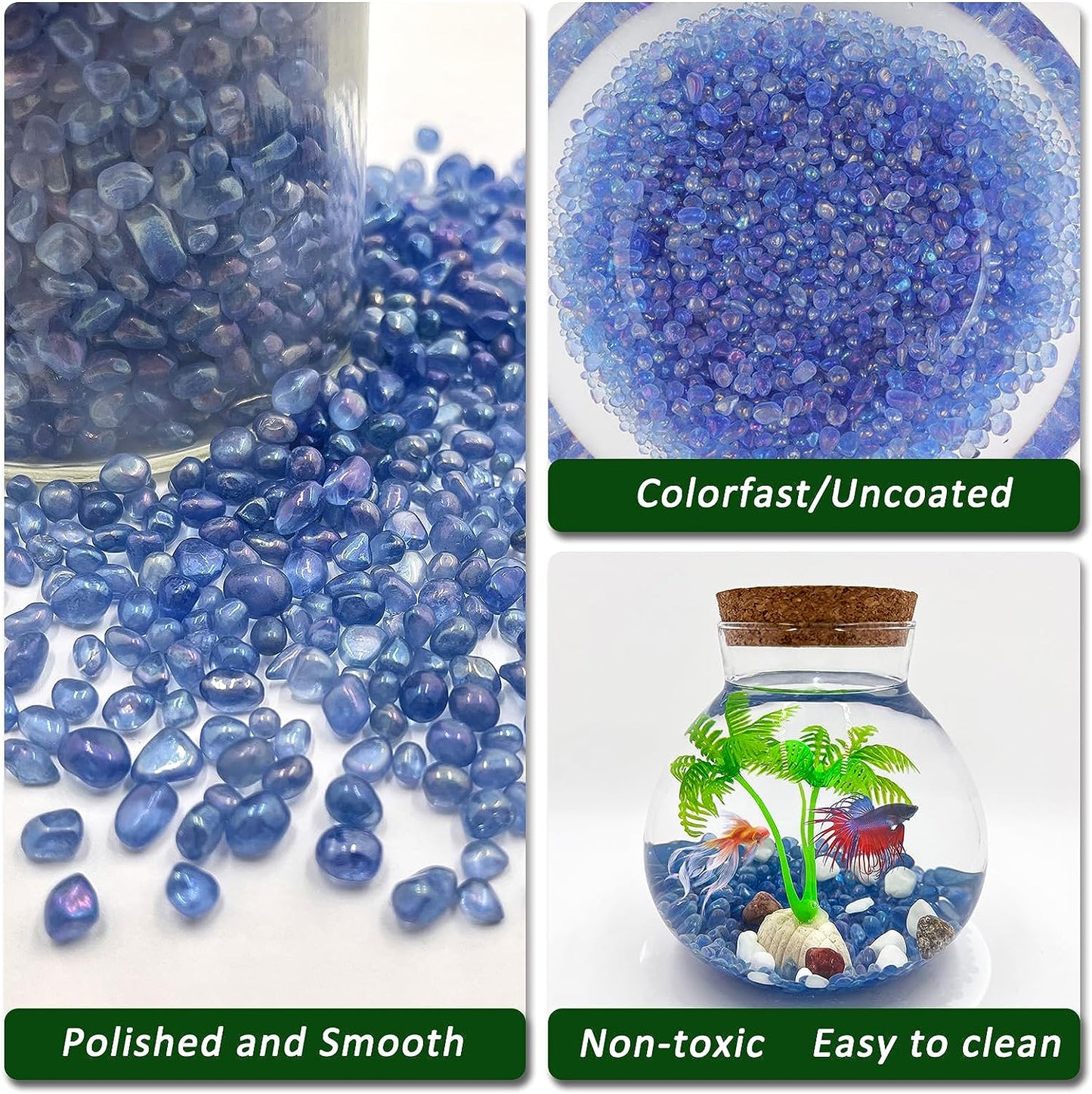 Aquarium Glass Gravel - 2.2 lbs of polished blue decorative stones for fish tanks and aquariums.