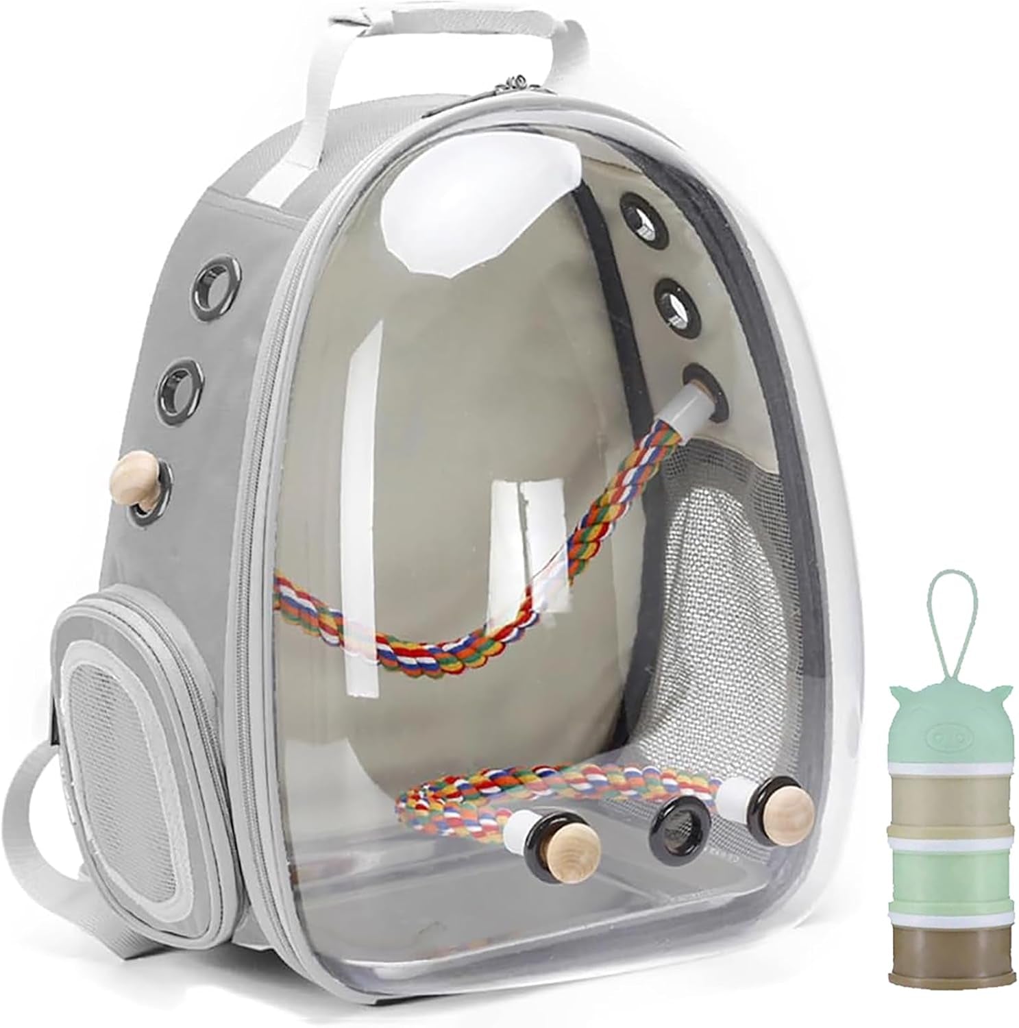 Bird Traval Carrier Cage, Clear Space Capsule Astronaut Backpack to Carry Parakeet Cockatiel Parrot with Metal Tray Bird Feeder Wood Perch, Vet Transport Bag