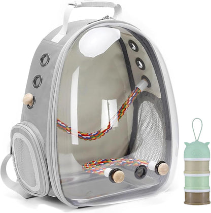 Bird Traval Carrier Cage, Clear Space Capsule Astronaut Backpack to Carry Parakeet Cockatiel Parrot with Metal Tray Bird Feeder Wood Perch, Vet Transport Bag