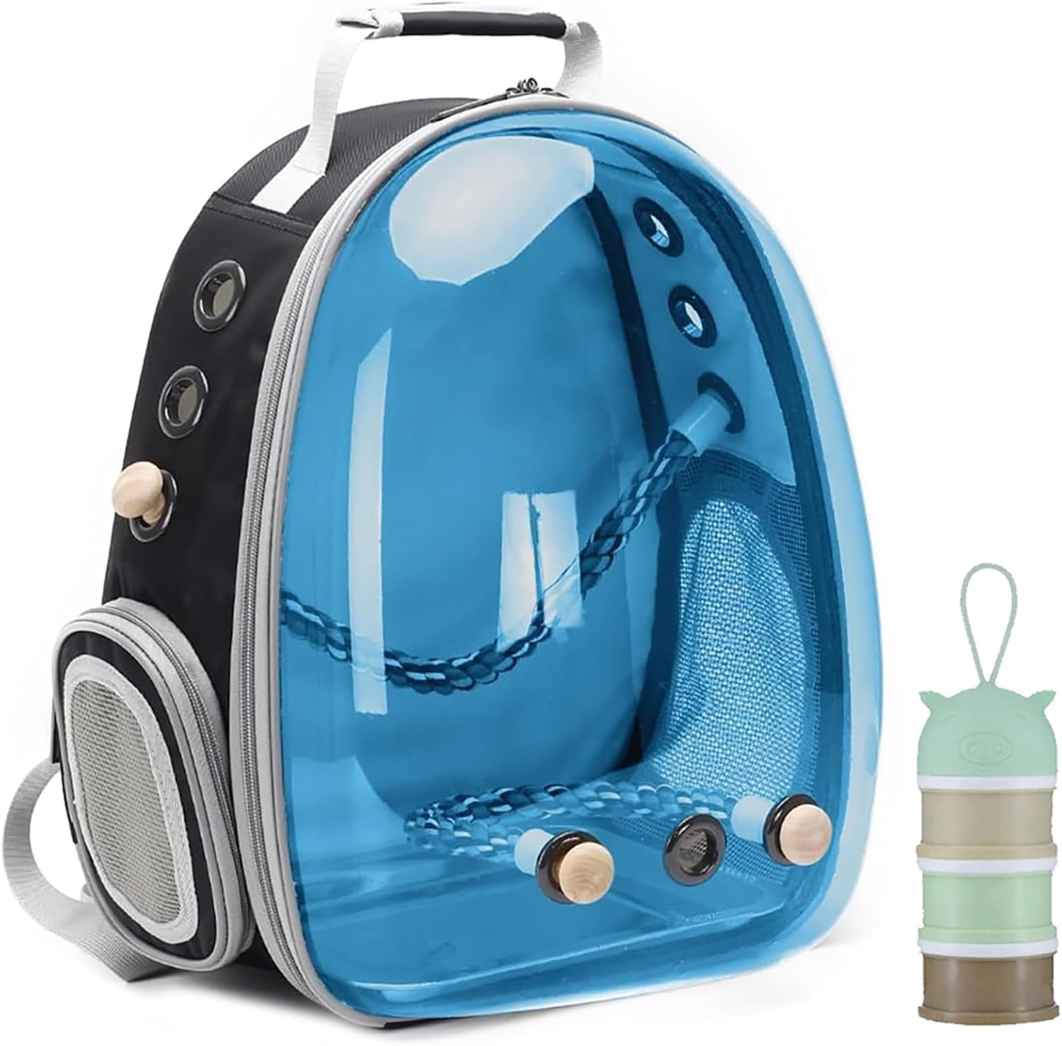 Bird Traval Carrier Cage, Clear Space Capsule Astronaut Backpack to Carry Parakeet Cockatiel Parrot with Metal Tray Bird Feeder Wood Perch, Vet Transport Bag