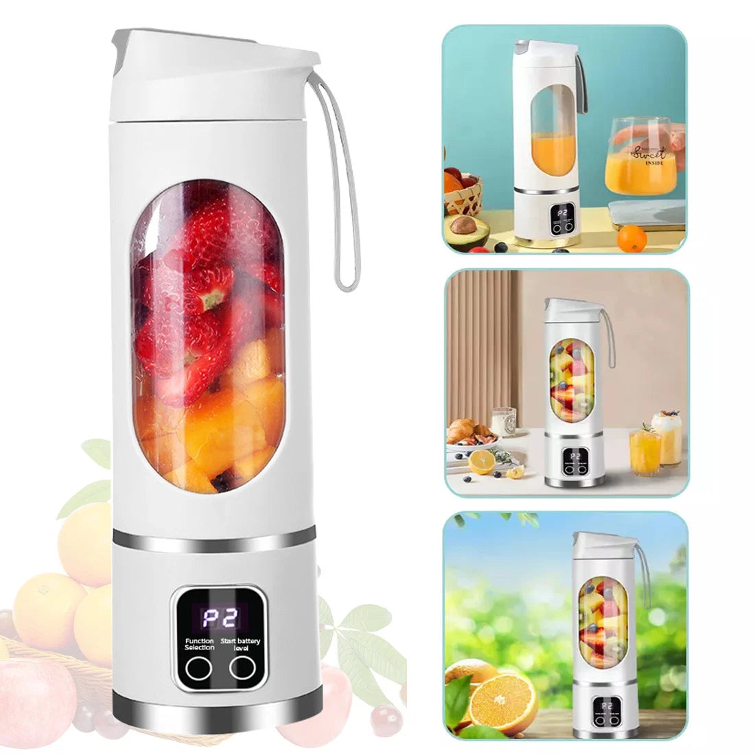 Portable USB Juicer Cup – 450ml Rechargeable Electric Blender with fruits displayed and blend settings.
