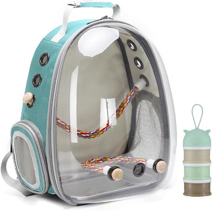 Bird Traval Carrier Cage, Clear Space Capsule Astronaut Backpack to Carry Parakeet Cockatiel Parrot with Metal Tray Bird Feeder Wood Perch, Vet Transport Bag