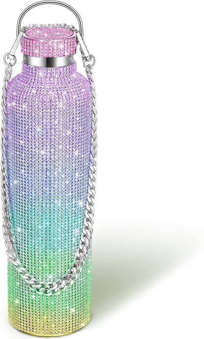 Diamond Water Bottle Bling Rhinestone Stainless Steel Thermal Bottle Refillable Insulated Glitter Water Jug with Chain for Women Girls Gifts(500 Ml,Silver)