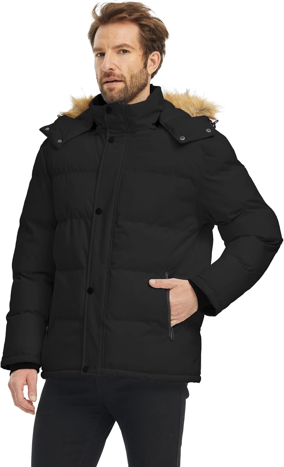 Men'S Hooded Winter Coat Waterproof Puffer Jacket Warm Winter Jacket | Waterproof 5000Mm, Detachable Faux Fur Hood, Windproof, Thicken Insulation, Warm for Cold Weather, Daily Wear, Work, Hiking