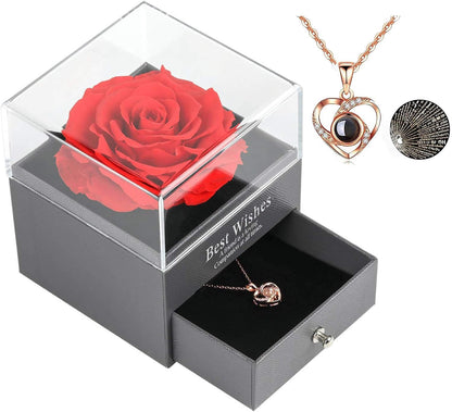 Preserved Real Rose Drawer with Heart Necklace I Love You in 100 Languages Gift Set, Handmade Enchanted Real Rose Flower for Valentine’S Day Anniversary Birthday Romantic Gifts for Her (Wine)
