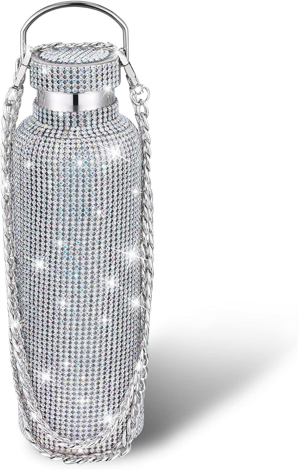 Diamond Water Bottle Bling Rhinestone Stainless Steel Thermal Bottle Refillable Insulated Glitter Water Jug with Chain for Women Girls Gifts(500 Ml,Silver)
