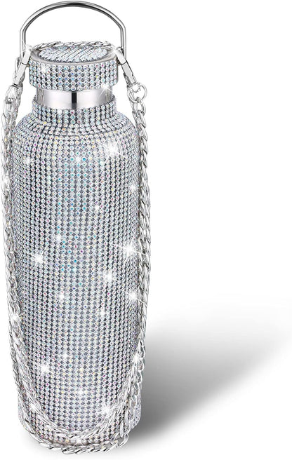 Diamond Water Bottle Bling Rhinestone Stainless Steel Thermal Bottle Refillable Insulated Glitter Water Jug with Chain for Women Girls Gifts(500 Ml,Silver)