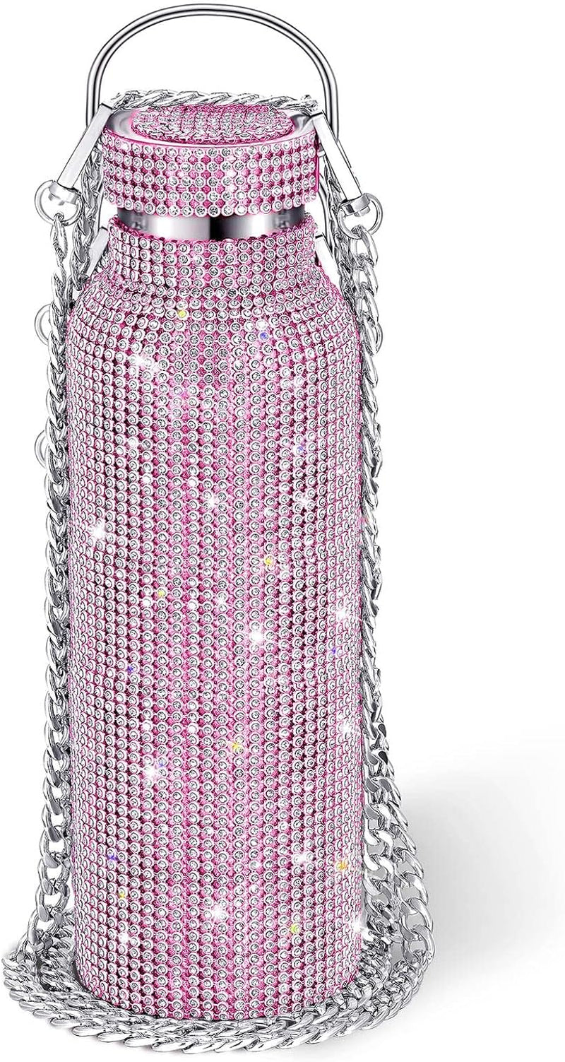 Diamond Water Bottle Bling Rhinestone Stainless Steel Thermal Bottle Refillable Insulated Glitter Water Jug with Chain for Women Girls Gifts(500 Ml,Silver)