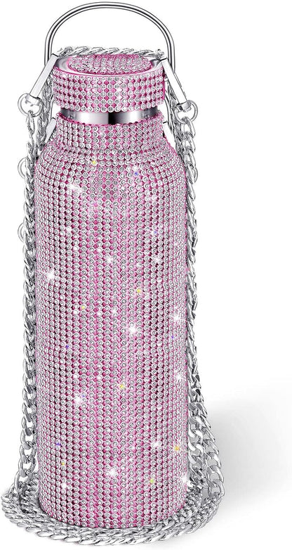 Diamond Water Bottle Bling Rhinestone Stainless Steel Thermal Bottle Refillable Insulated Glitter Water Jug with Chain for Women Girls Gifts(500 Ml,Silver)