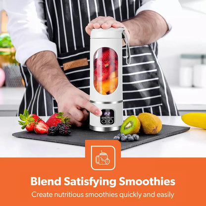 Portable USB Juicer Cup blending fruits for smoothies on a kitchen counter with fresh ingredients.