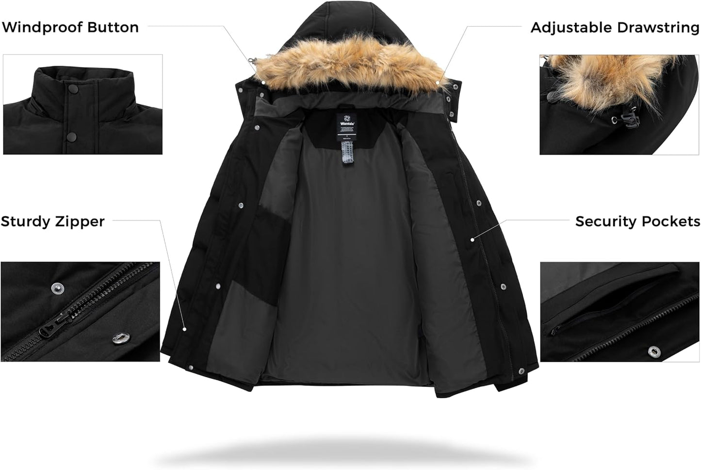 Men'S Hooded Winter Coat Waterproof Puffer Jacket Warm Winter Jacket | Waterproof 5000Mm, Detachable Faux Fur Hood, Windproof, Thicken Insulation, Warm for Cold Weather, Daily Wear, Work, Hiking