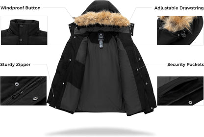 Men'S Hooded Winter Coat Waterproof Puffer Jacket Warm Winter Jacket | Waterproof 5000Mm, Detachable Faux Fur Hood, Windproof, Thicken Insulation, Warm for Cold Weather, Daily Wear, Work, Hiking
