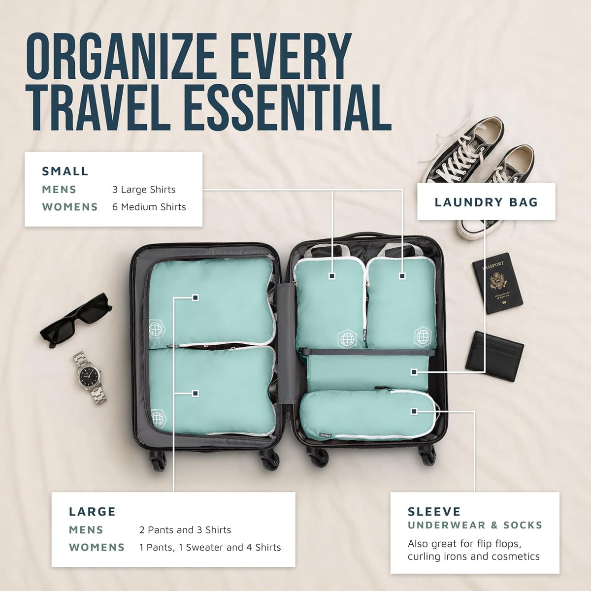Compression Packing Cubes for Carry-On Travel 6-Pack | Ultralight Ripstop Packing Cubes with Compression Zippers for Organized Carry-On Luggage, Backpack, and Travel Packing