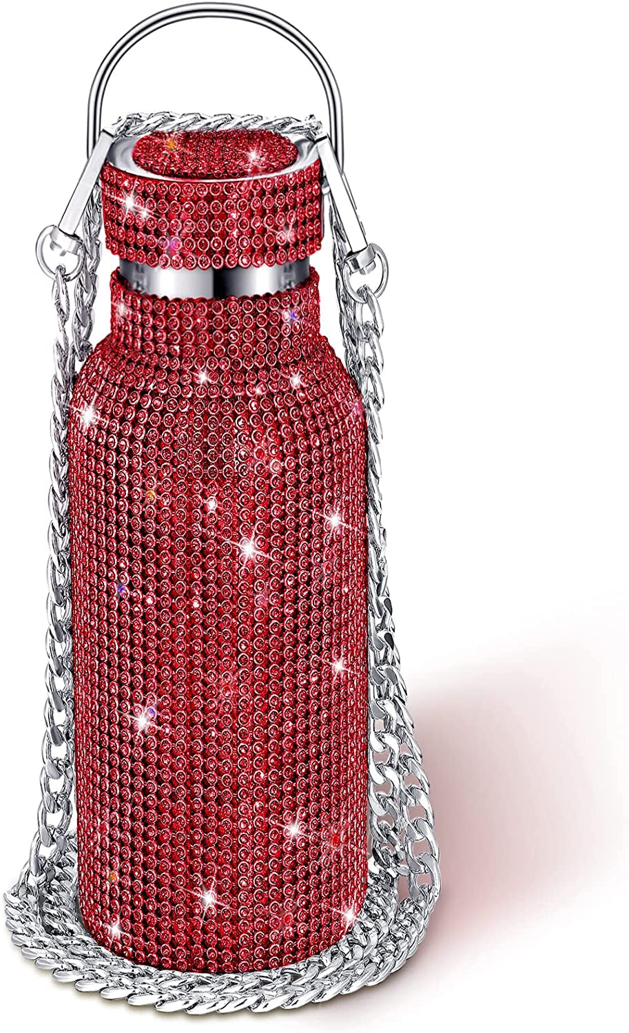 Diamond Water Bottle Bling Rhinestone Stainless Steel Thermal Bottle Refillable Insulated Glitter Water Jug with Chain for Women Girls Gifts(500 Ml,Silver)