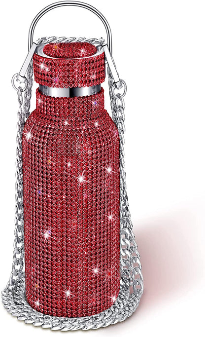 Diamond Water Bottle Bling Rhinestone Stainless Steel Thermal Bottle Refillable Insulated Glitter Water Jug with Chain for Women Girls Gifts(500 Ml,Silver)