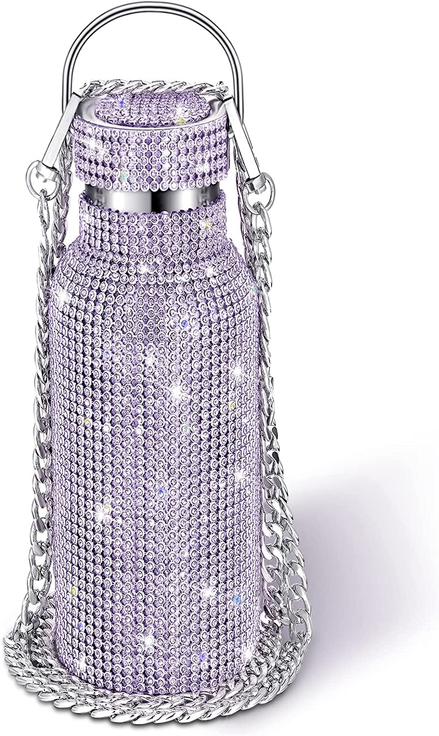 Diamond Water Bottle Bling Rhinestone Stainless Steel Thermal Bottle Refillable Insulated Glitter Water Jug with Chain for Women Girls Gifts(500 Ml,Silver)