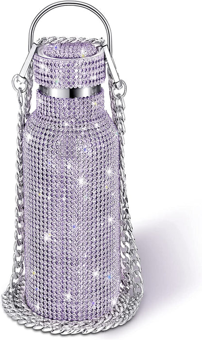 Diamond Water Bottle Bling Rhinestone Stainless Steel Thermal Bottle Refillable Insulated Glitter Water Jug with Chain for Women Girls Gifts(500 Ml,Silver)