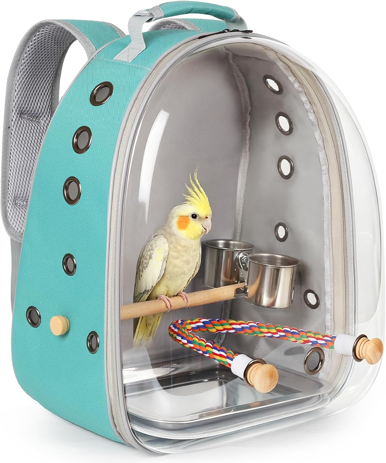 Bird Traval Carrier Cage, Clear Space Capsule Astronaut Backpack to Carry Parakeet Cockatiel Parrot with Metal Tray Bird Feeder Wood Perch, Vet Transport Bag
