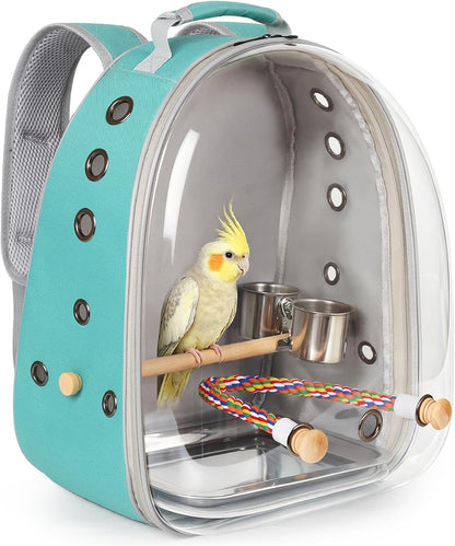 Bird Traval Carrier Cage, Clear Space Capsule Astronaut Backpack to Carry Parakeet Cockatiel Parrot with Metal Tray Bird Feeder Wood Perch, Vet Transport Bag