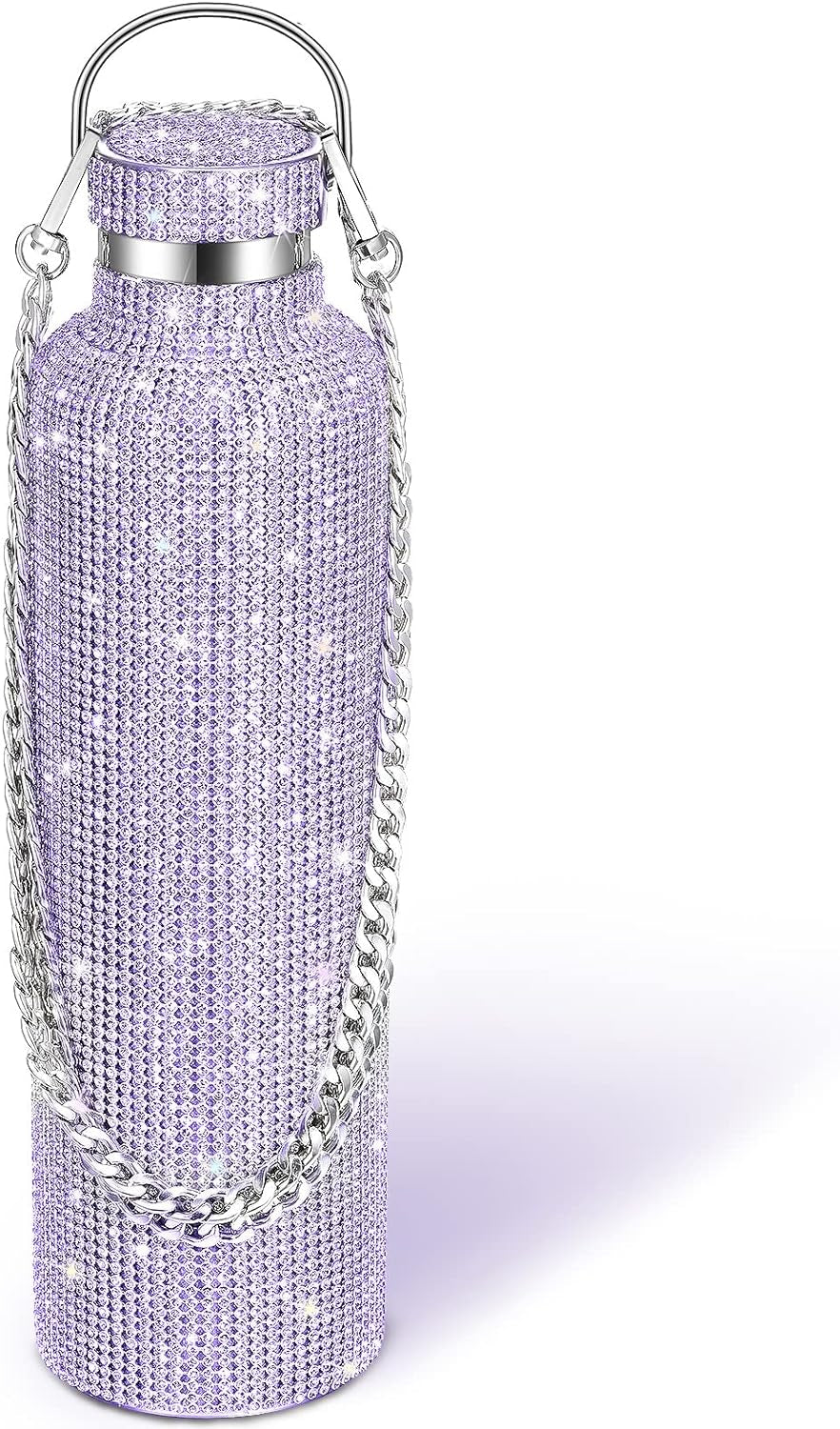 Diamond Water Bottle Bling Rhinestone Stainless Steel Thermal Bottle Refillable Insulated Glitter Water Jug with Chain for Women Girls Gifts(500 Ml,Silver)