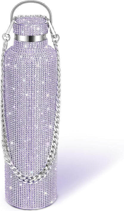 Diamond Water Bottle Bling Rhinestone Stainless Steel Thermal Bottle Refillable Insulated Glitter Water Jug with Chain for Women Girls Gifts(500 Ml,Silver)