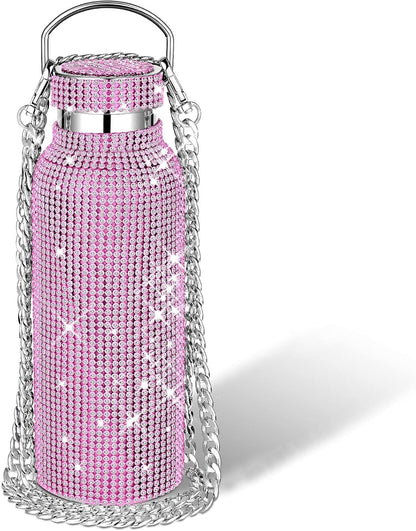 Diamond Water Bottle Bling Rhinestone Stainless Steel Thermal Bottle Refillable Insulated Glitter Water Jug with Chain for Women Girls Gifts(500 Ml,Silver)