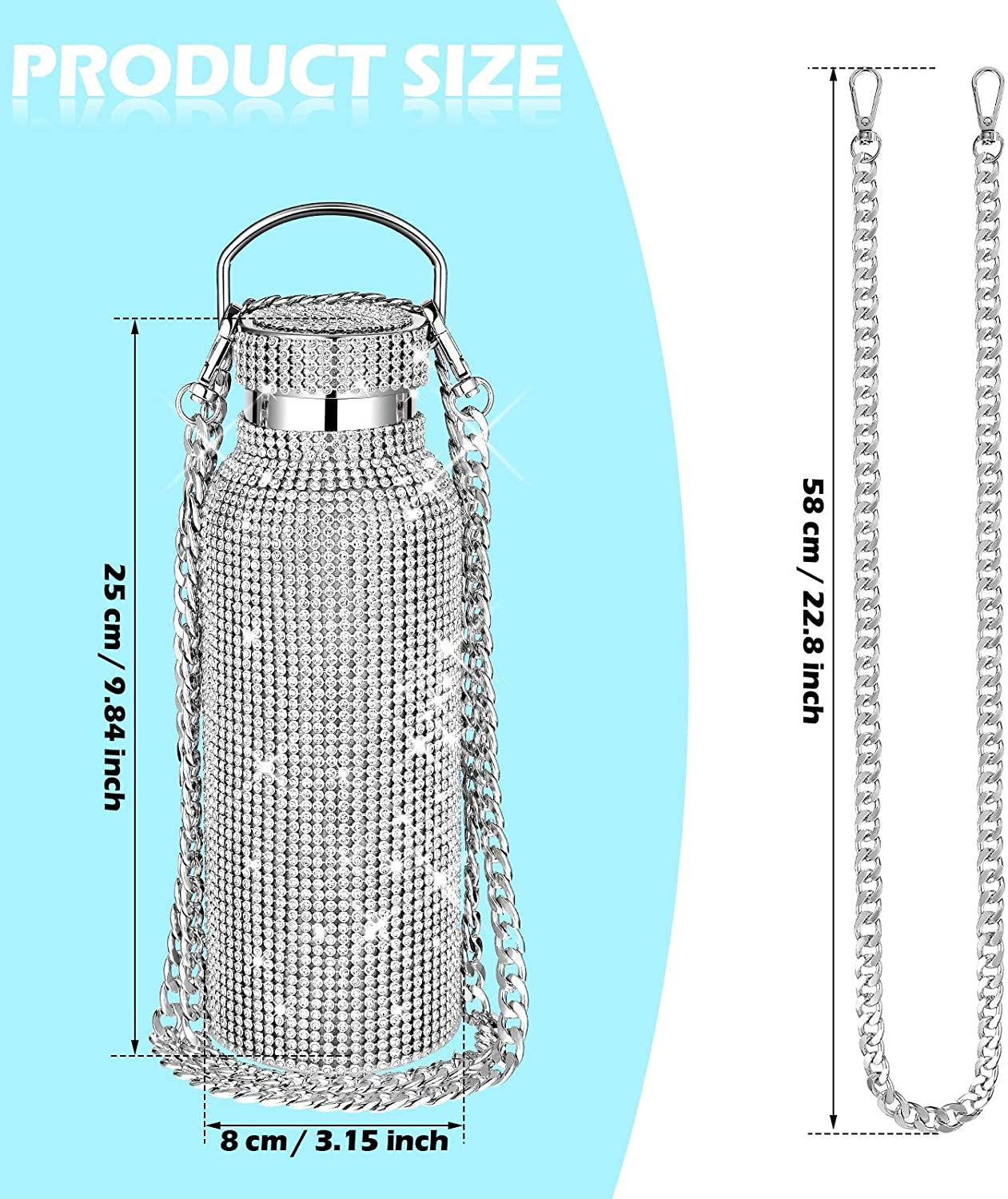 Diamond Water Bottle Bling Rhinestone Stainless Steel Thermal Bottle Refillable Insulated Glitter Water Jug with Chain for Women Girls Gifts(500 Ml,Silver)