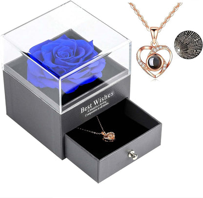 Preserved Real Rose Drawer with Heart Necklace I Love You in 100 Languages Gift Set, Handmade Enchanted Real Rose Flower for Valentine’S Day Anniversary Birthday Romantic Gifts for Her (Wine)