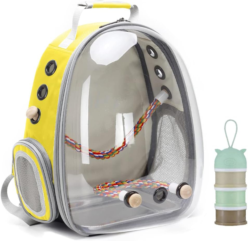 Bird Traval Carrier Cage, Clear Space Capsule Astronaut Backpack to Carry Parakeet Cockatiel Parrot with Metal Tray Bird Feeder Wood Perch, Vet Transport Bag