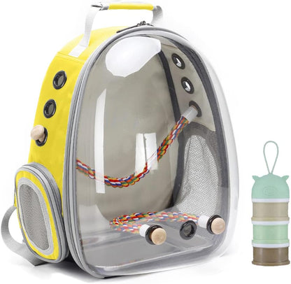 Bird Traval Carrier Cage, Clear Space Capsule Astronaut Backpack to Carry Parakeet Cockatiel Parrot with Metal Tray Bird Feeder Wood Perch, Vet Transport Bag