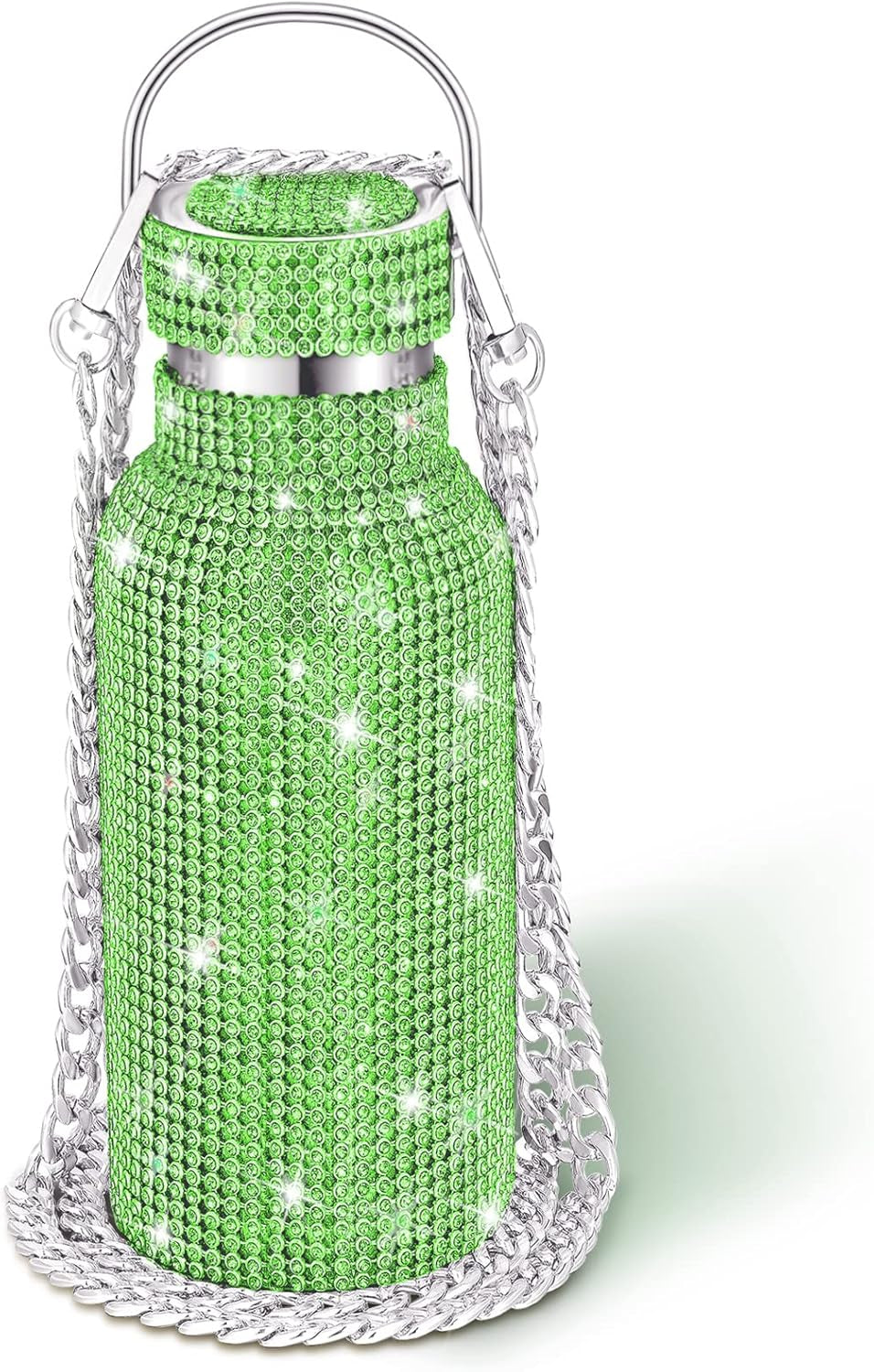 Diamond Water Bottle Bling Rhinestone Stainless Steel Thermal Bottle Refillable Insulated Glitter Water Jug with Chain for Women Girls Gifts(500 Ml,Silver)