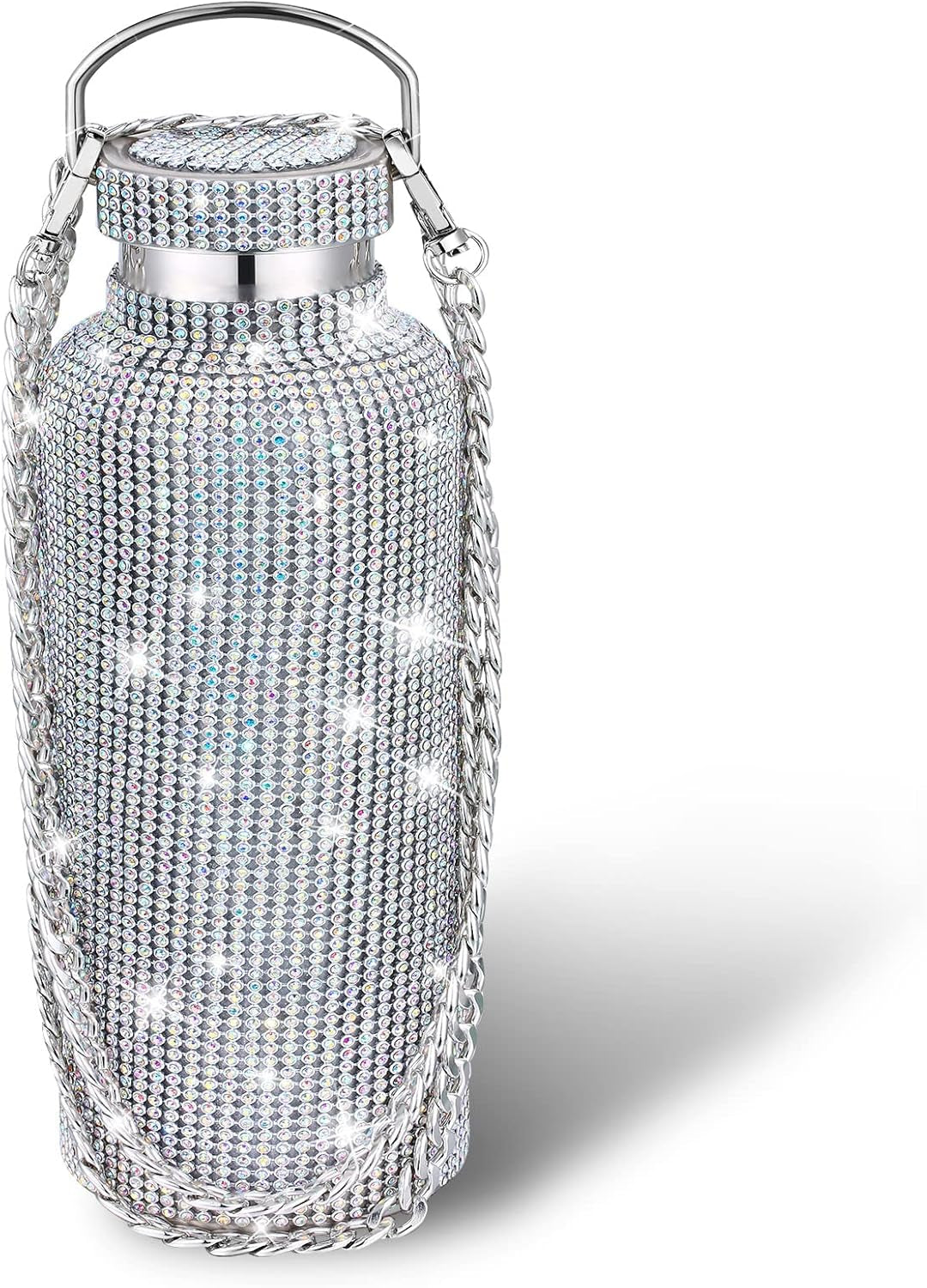 Diamond Water Bottle Bling Rhinestone Stainless Steel Thermal Bottle Refillable Insulated Glitter Water Jug with Chain for Women Girls Gifts(500 Ml,Silver)