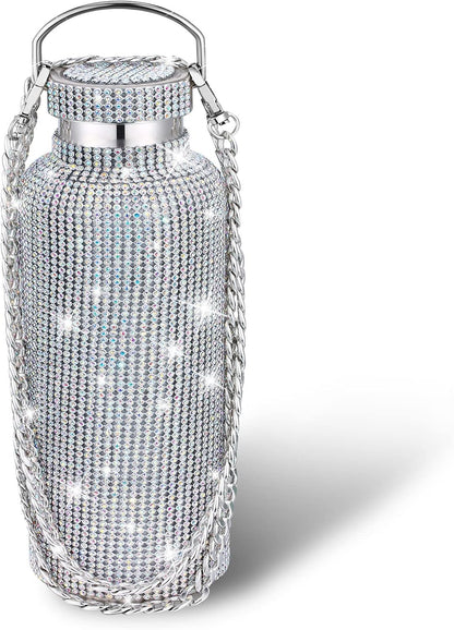 Diamond Water Bottle Bling Rhinestone Stainless Steel Thermal Bottle Refillable Insulated Glitter Water Jug with Chain for Women Girls Gifts(500 Ml,Silver)