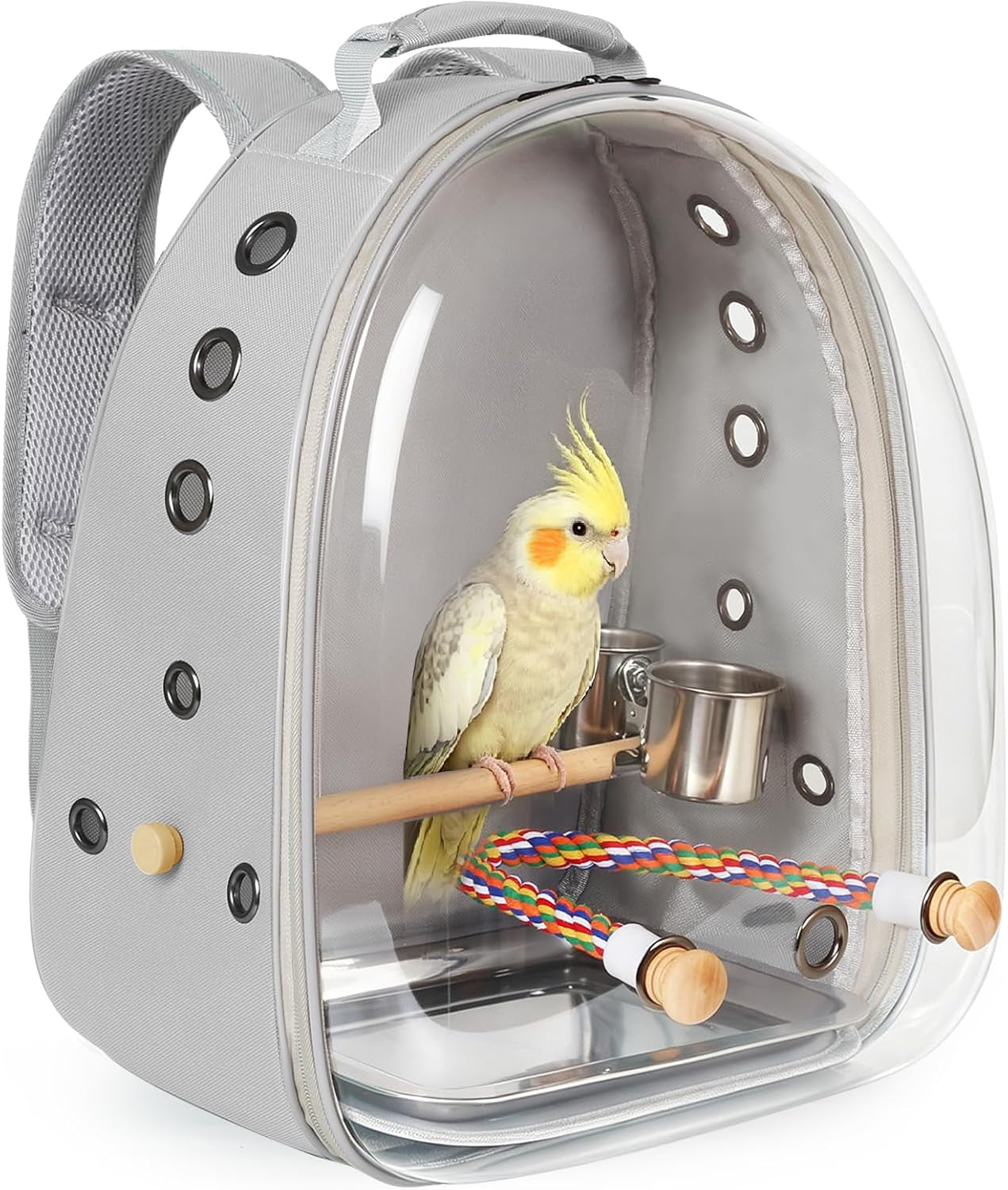 Bird Traval Carrier Cage, Clear Space Capsule Astronaut Backpack to Carry Parakeet Cockatiel Parrot with Metal Tray Bird Feeder Wood Perch, Vet Transport Bag