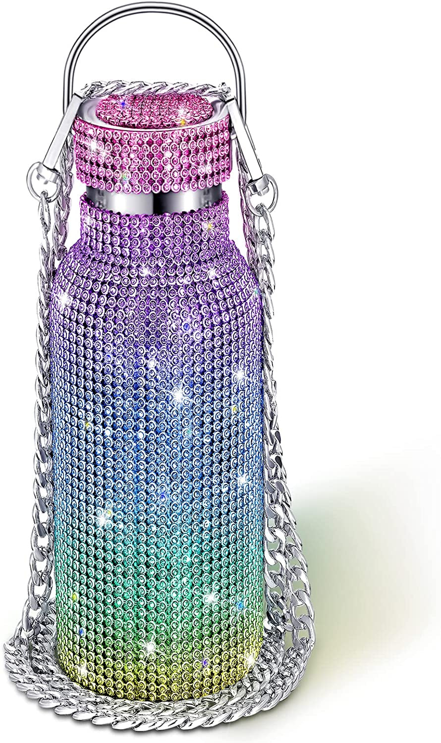 Diamond Water Bottle Bling Rhinestone Stainless Steel Thermal Bottle Refillable Insulated Glitter Water Jug with Chain for Women Girls Gifts(500 Ml,Silver)