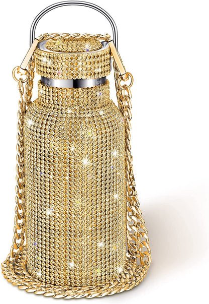 Diamond Water Bottle Bling Rhinestone Stainless Steel Thermal Bottle Refillable Insulated Glitter Water Jug with Chain for Women Girls Gifts(500 Ml,Silver)