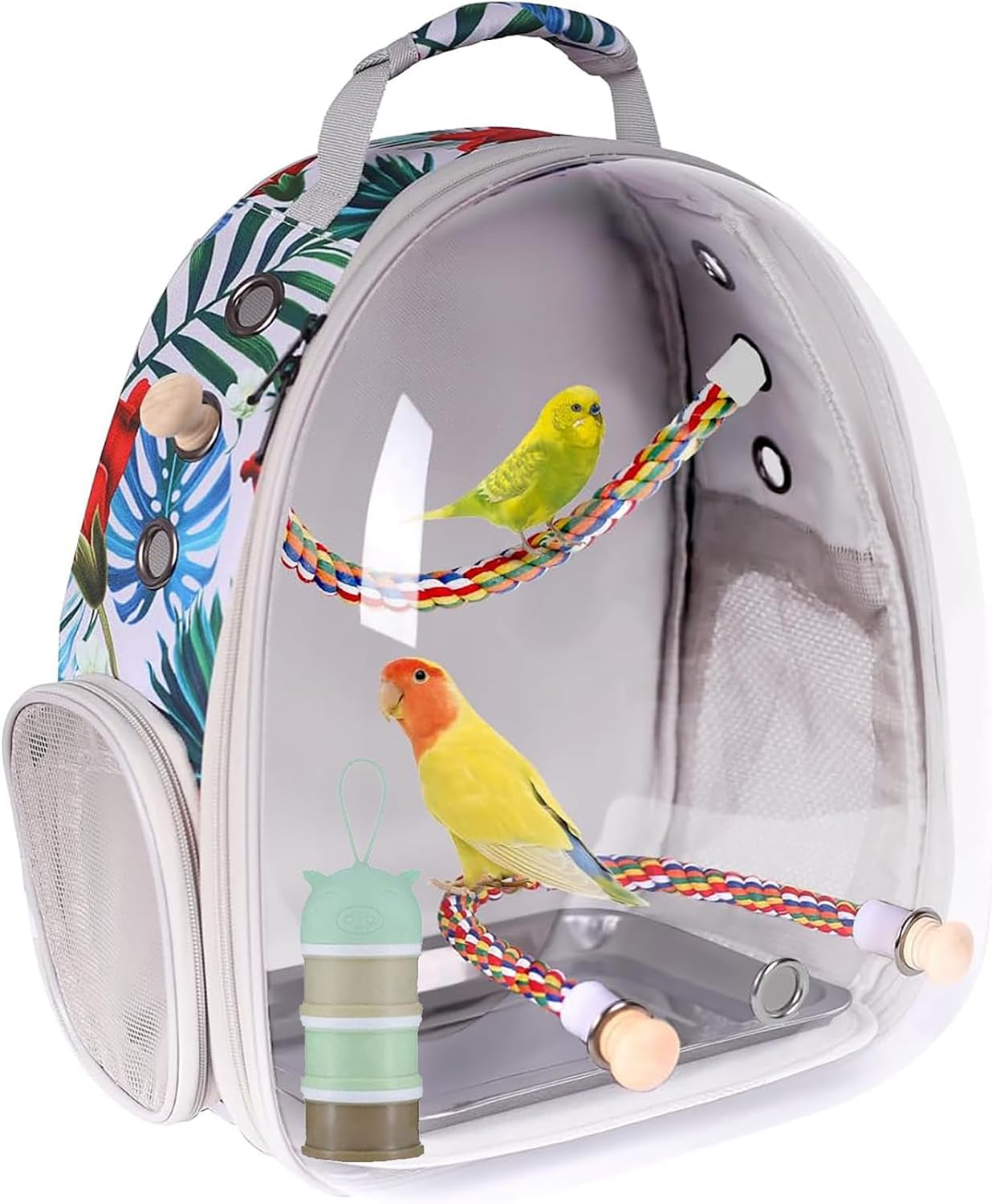Bird Traval Carrier Cage, Clear Space Capsule Astronaut Backpack to Carry Parakeet Cockatiel Parrot with Metal Tray Bird Feeder Wood Perch, Vet Transport Bag